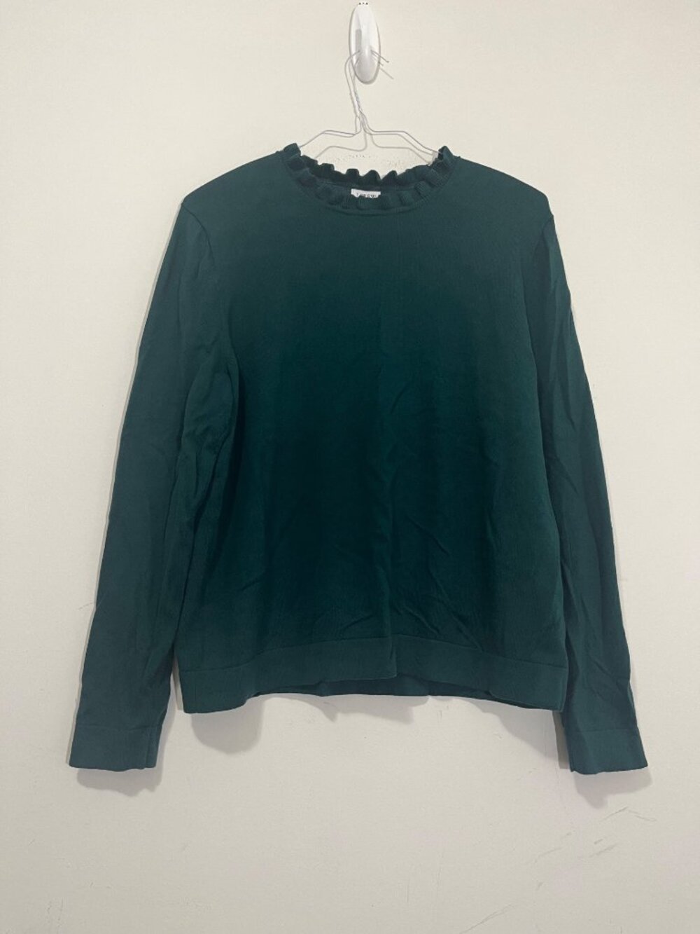 J.Crew 100% Cotton Ruffle Neck Sweater Hunter Green Womens Sz XL Classic Preppy
